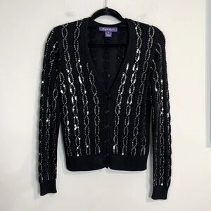 Ralph Lauren black purple label sequin V-neck cardigan silk blend size medium